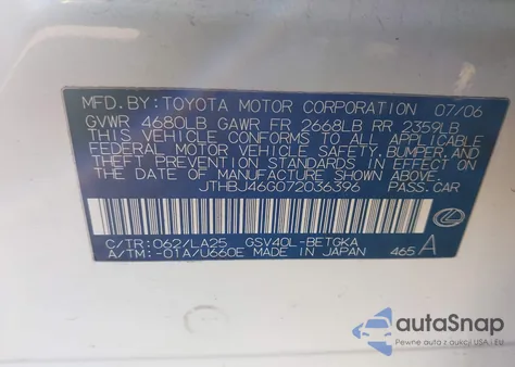 2007 Lexus Es 350 from USA, damaged, VIN JTHBJ46G072036396